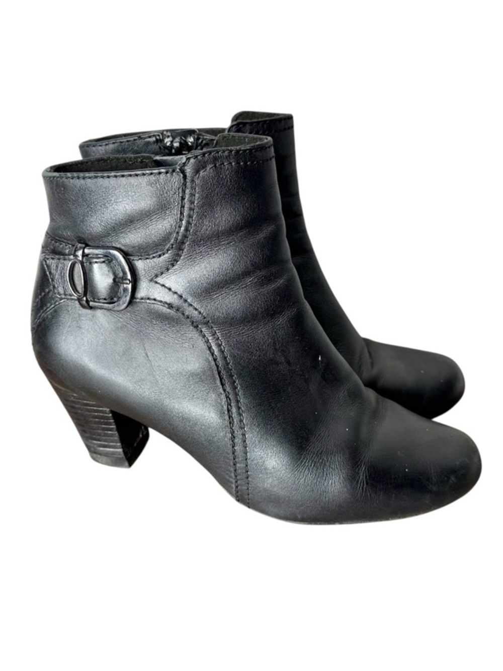 CLARKS Black Leather Chunky Block Heel Ankle Booties Zipper Buckle Sz 8 * FLAW*